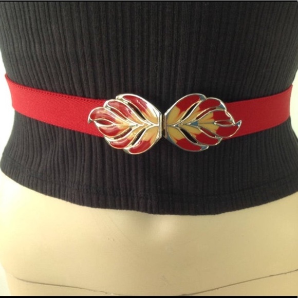 GOLD VINTAGE LEAF BUCKLE BLACK GREY ENAMEL ELASTIC BELT S//M /& M//L